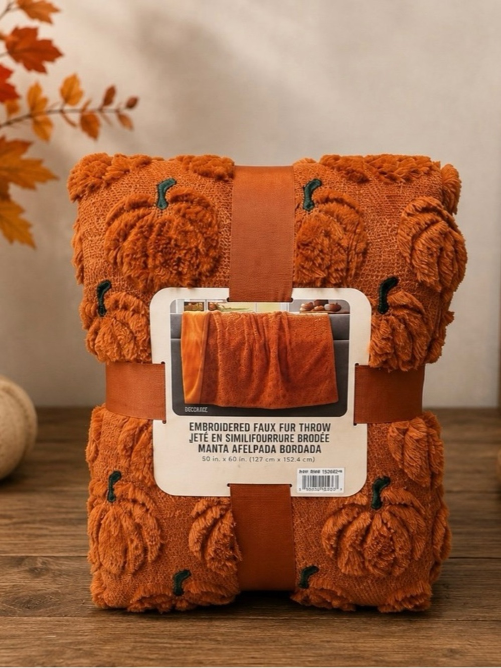 Embroidered Pumpkin Faux Fur Throw Blanket - Orange Halloween